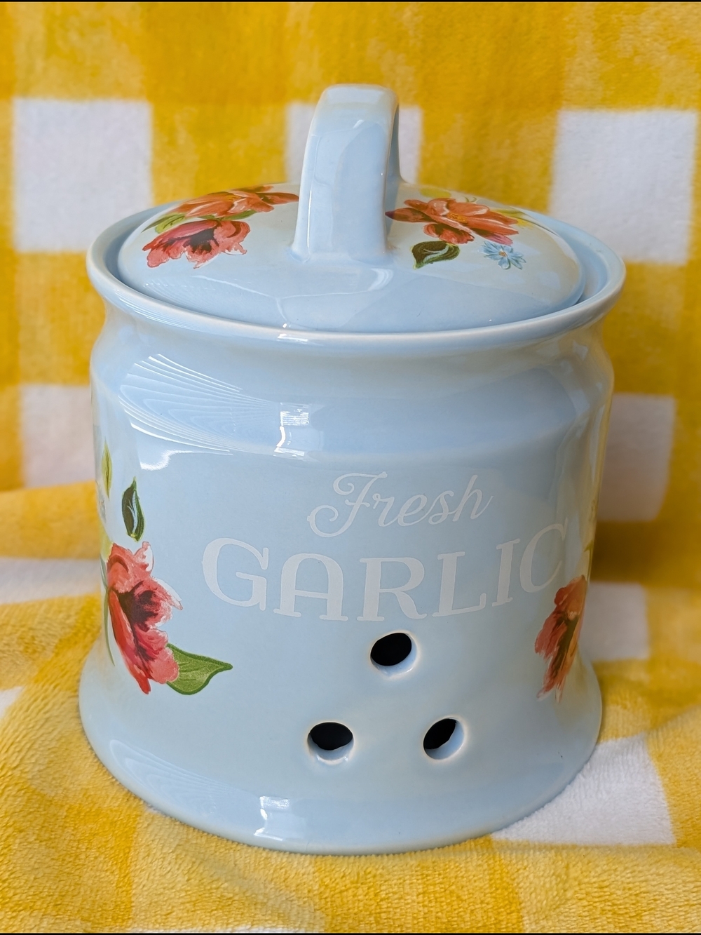 The Pioneer Woman Light Blue Garlic Keeper with Floral Accents